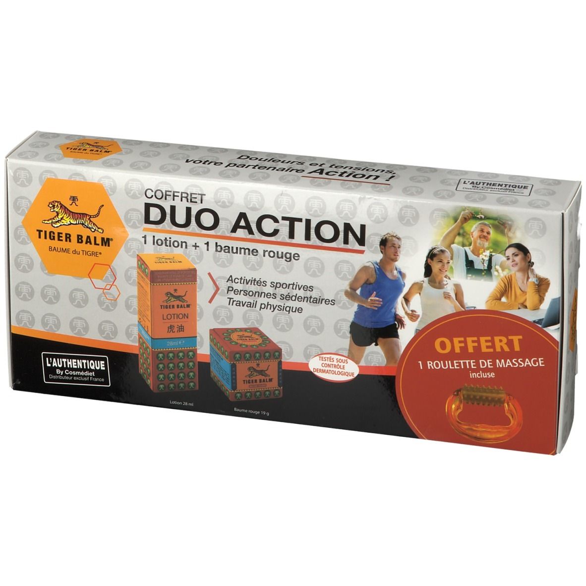 Boîte DUO ACTION. Contient 1 lotion et 1 baume rouge. Image de personnes. Offre 1 roulette de massage. Logo Tiger Balm.