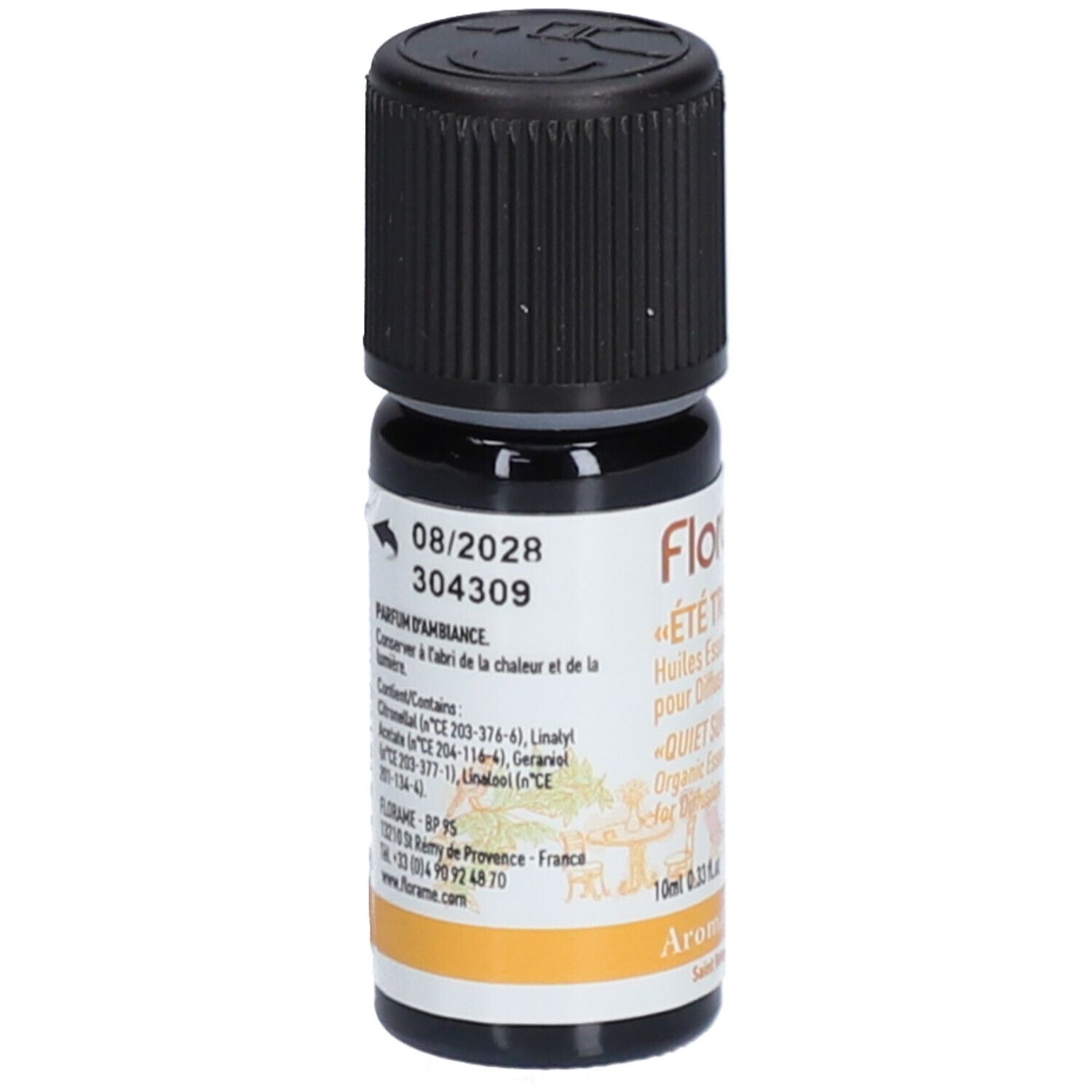 Flacon en verre brun avec bouchon noir. Étiquette avec texte et date de péremption 08/2028. Informations d'adresse.