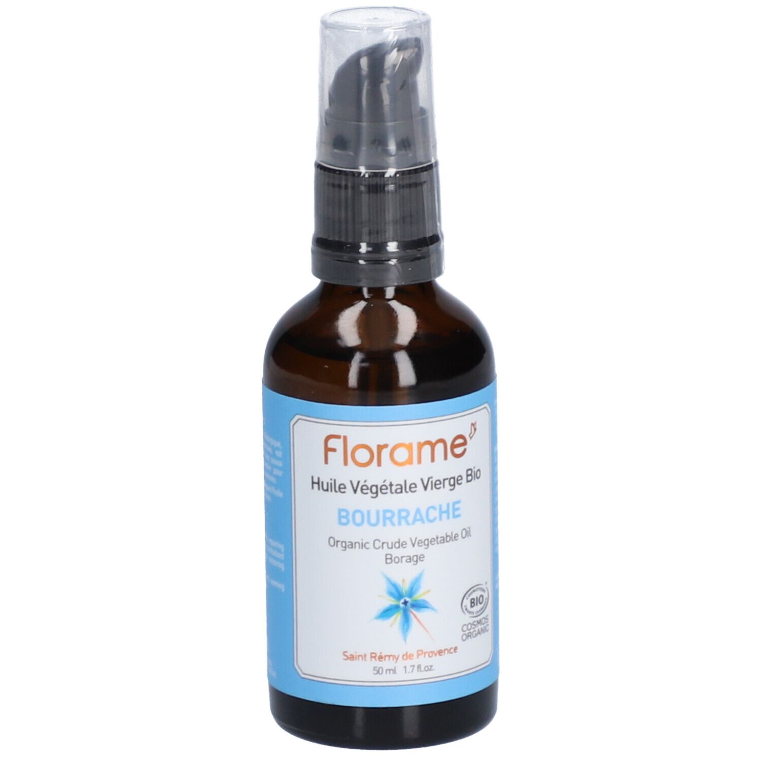 Braune Glasflasche mit schwarzem Pumpkopf. Aufschrift: Florame, Bourrache, Huile Végétale Vierge Bio. Bio-Siegel.