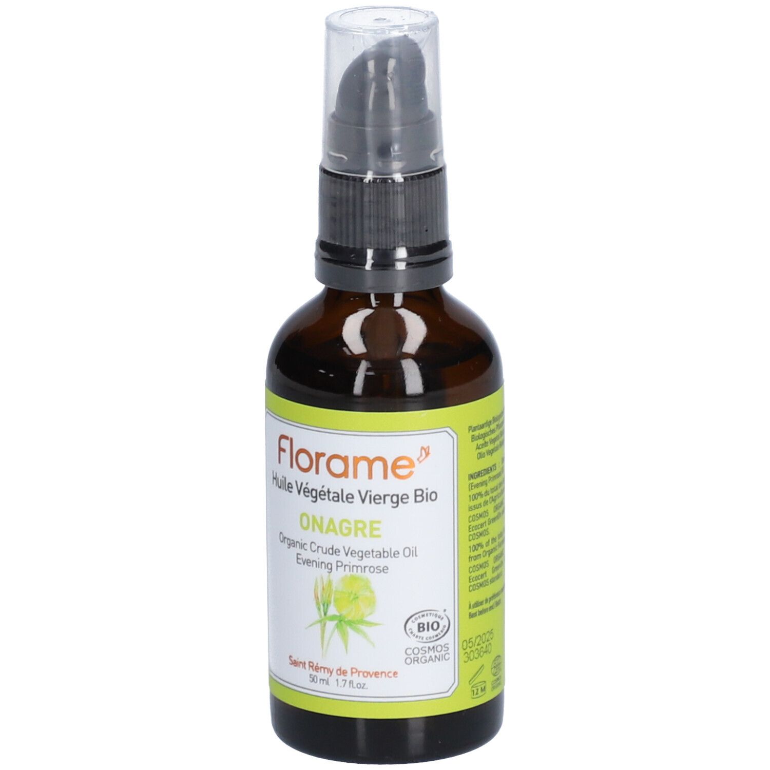 Braune Glasflasche mit Pumpe. Aufschrift: Florame, Huile végétale vierge Bio, Onagre, Organic Crude Vegetable Oil, Evening Primrose. Bio-Siegel.