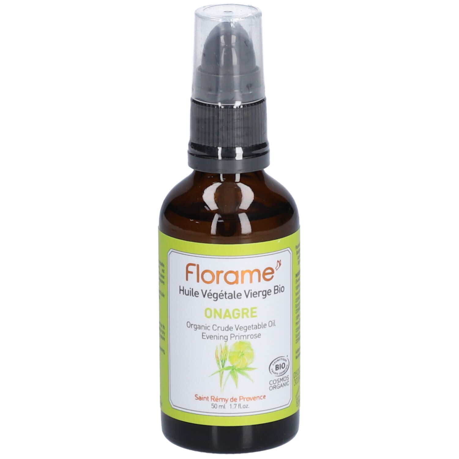 Braune Glasflasche mit Pumpe. Aufschrift: Florame, Huile végétale vierge Bio, Onagre, Organic Crude Vegetable Oil, Evening Primrose. Bio-Siegel.