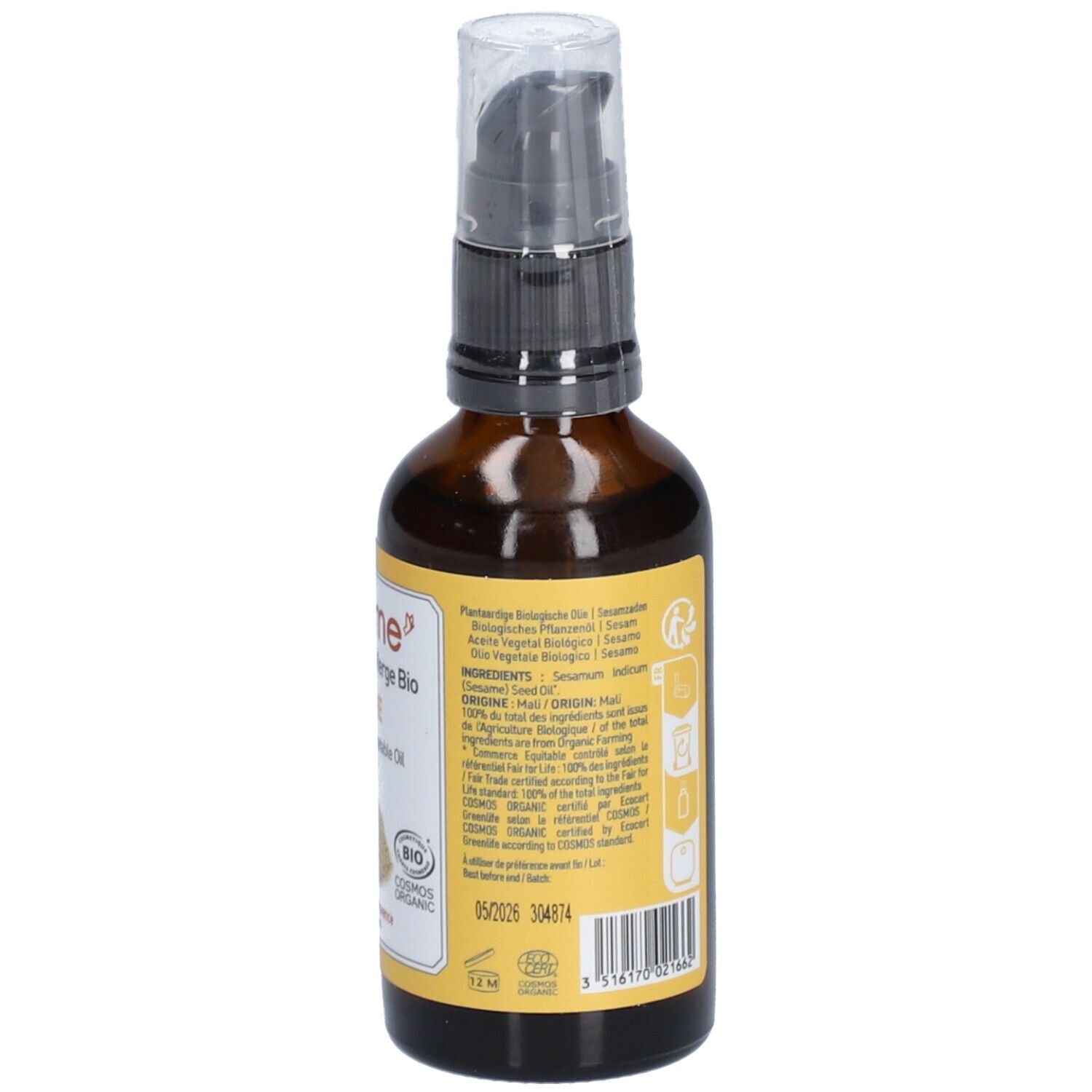 Braune Glasflasche mit Pumpe. Gelbes Etikett mit Produktinformationen, Inhaltsstoffen und Zertifizierungen. Barcode.