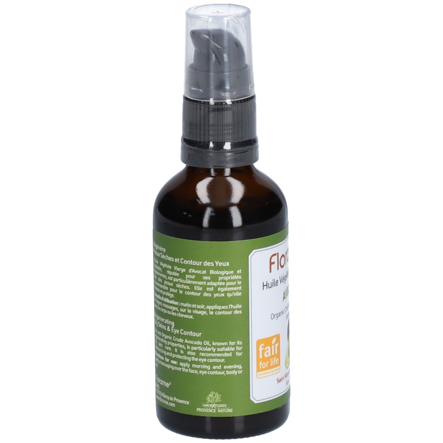 Flacon en verre brun avec pompe noire. Étiquette avec texte sur les soins des yeux. Label Fair for Life et certification bio.