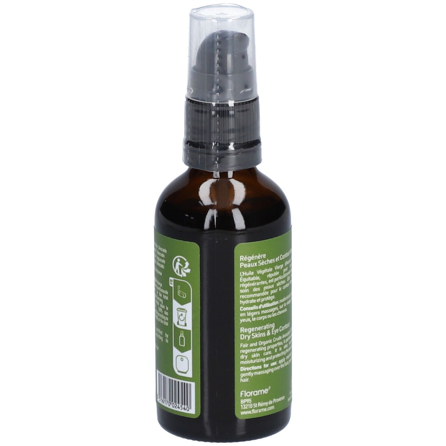 Flacon en verre brun avec pompe noire. Étiquette avec texte sur les soins de la peau. Certification bio et code-barres.
