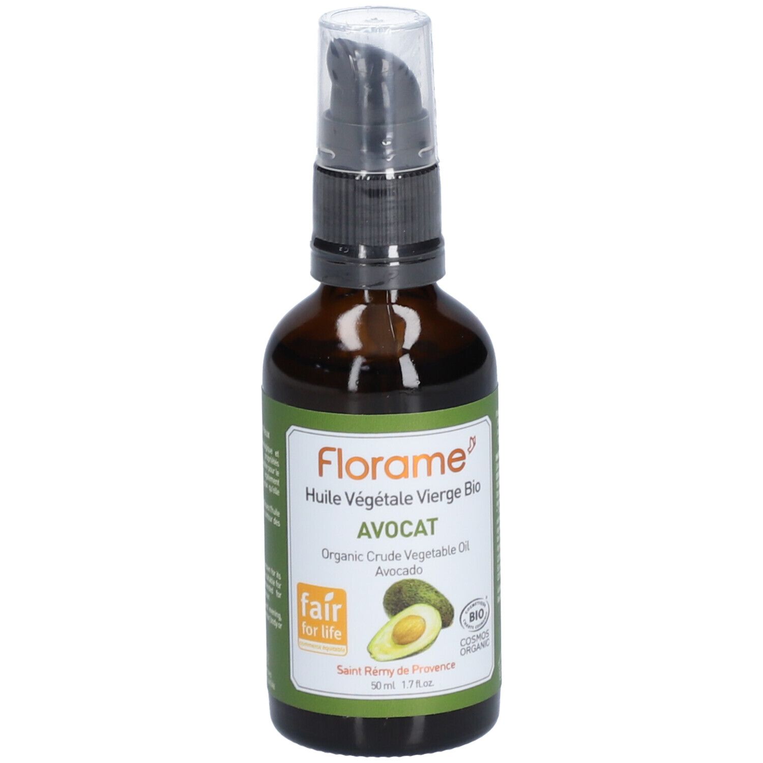 Flacon en verre brun avec pompe noire. Étiquette avec texte et illustration d'avocat. Label Fair for Life et certification bio.