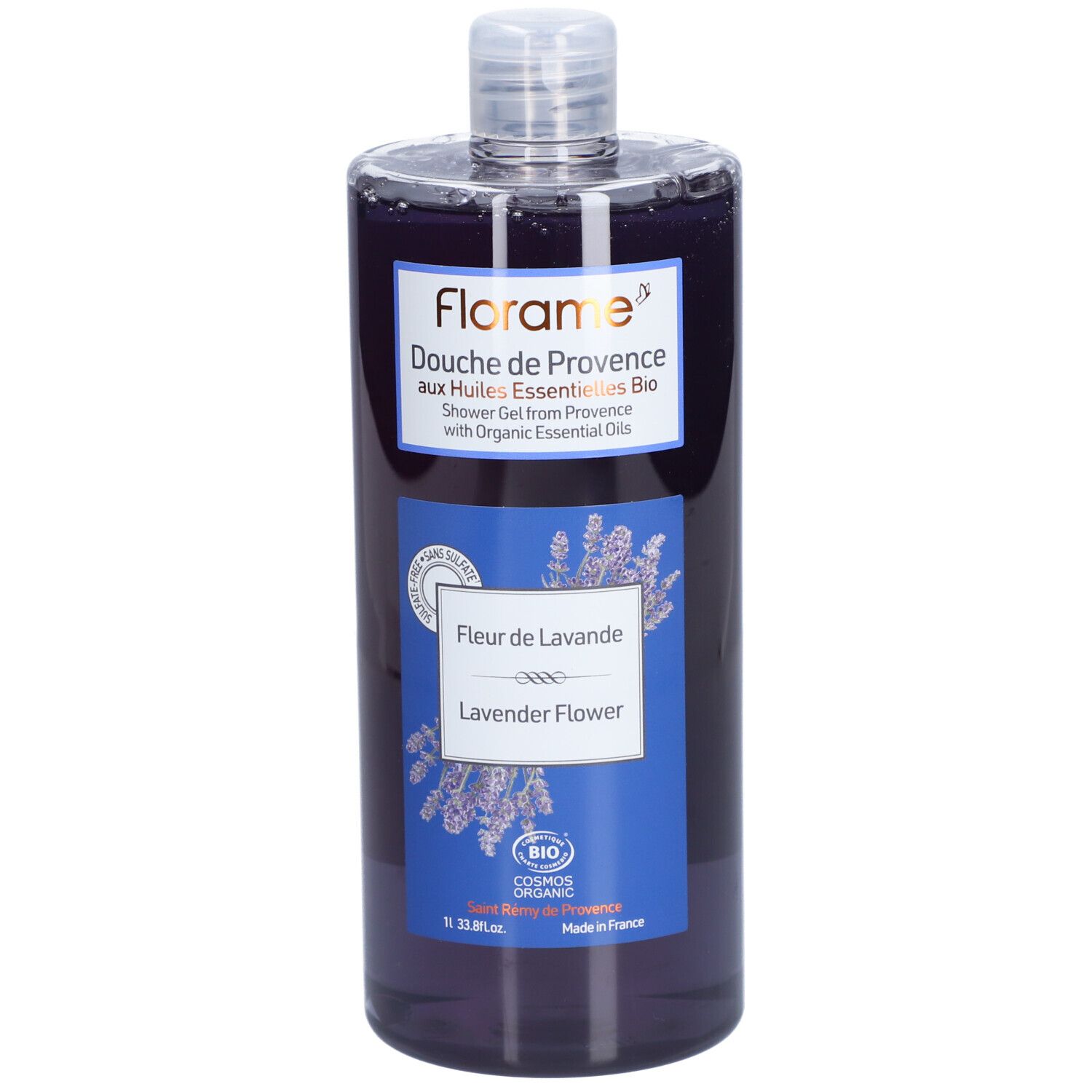 Flacon transparent, liquide violet. Étiquette avec nom du produit, illustration de lavande et certification bio.