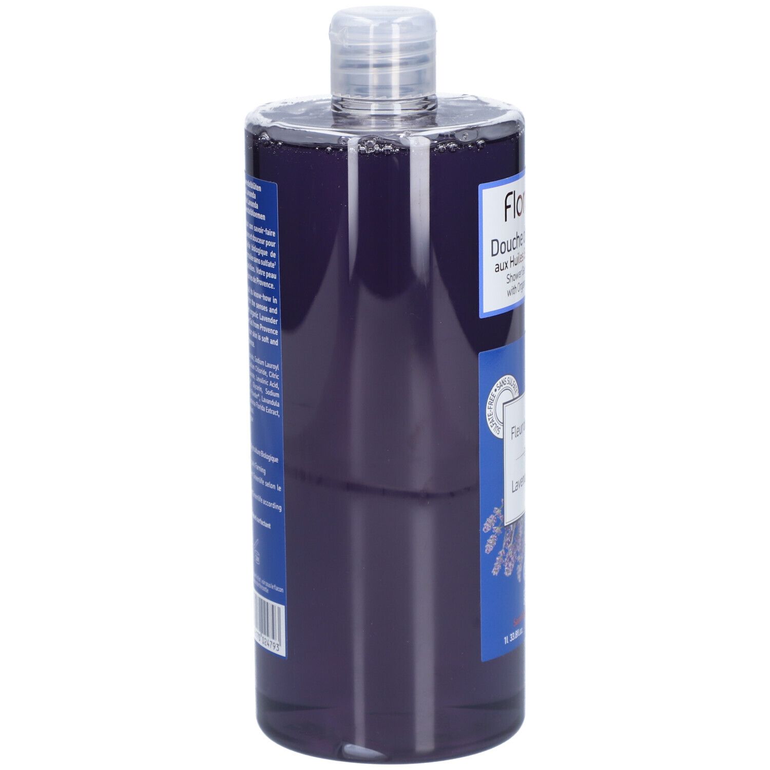 Flacon transparent, liquide violet. Vue latérale avec étiquette. Nom du produit et certification bio visibles.