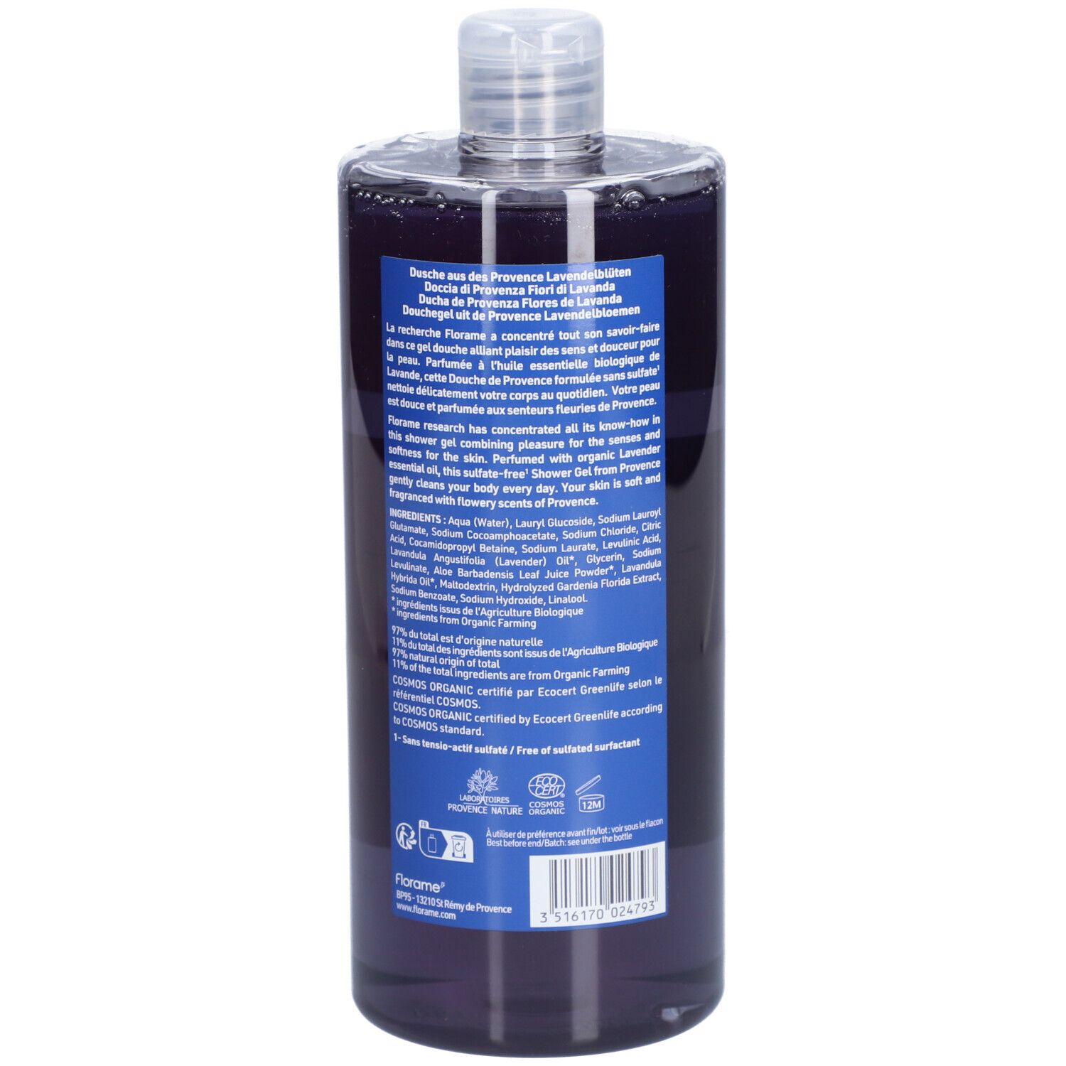 Dos du flacon avec liquide violet. Étiquette avec informations produit, ingrédients et certification bio.