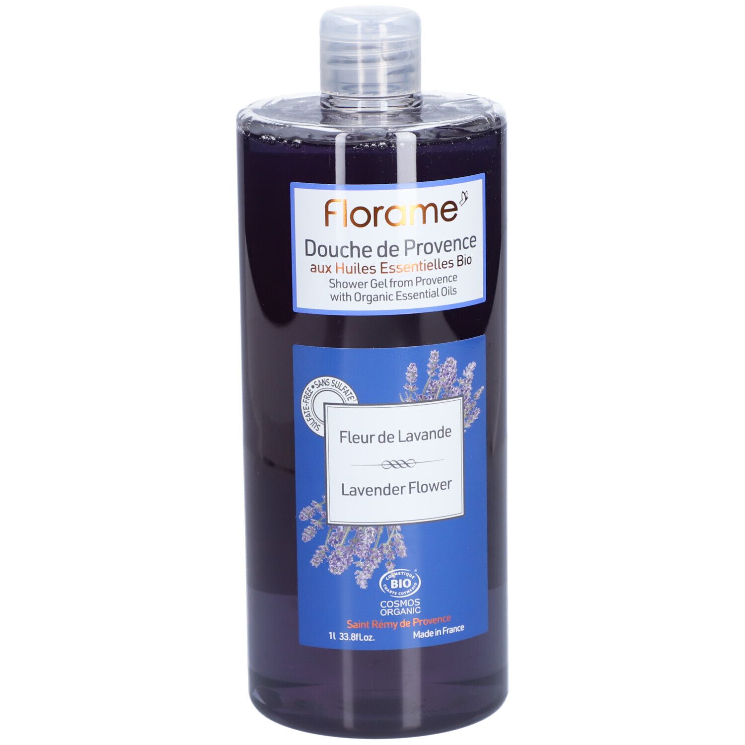 Flacon transparent, liquide violet. Étiquette avec nom du produit, illustration de lavande et certification bio.