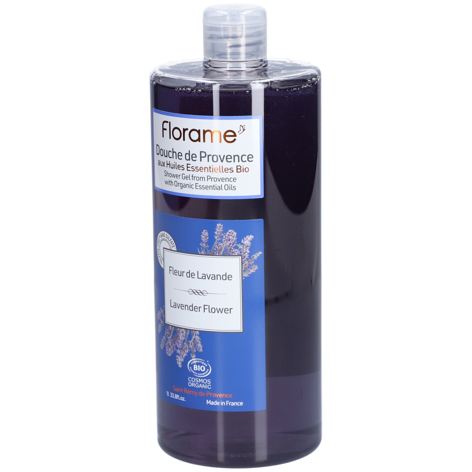 Flacon transparent, liquide violet. Étiquette avec nom du produit, illustration de lavande et certification bio.