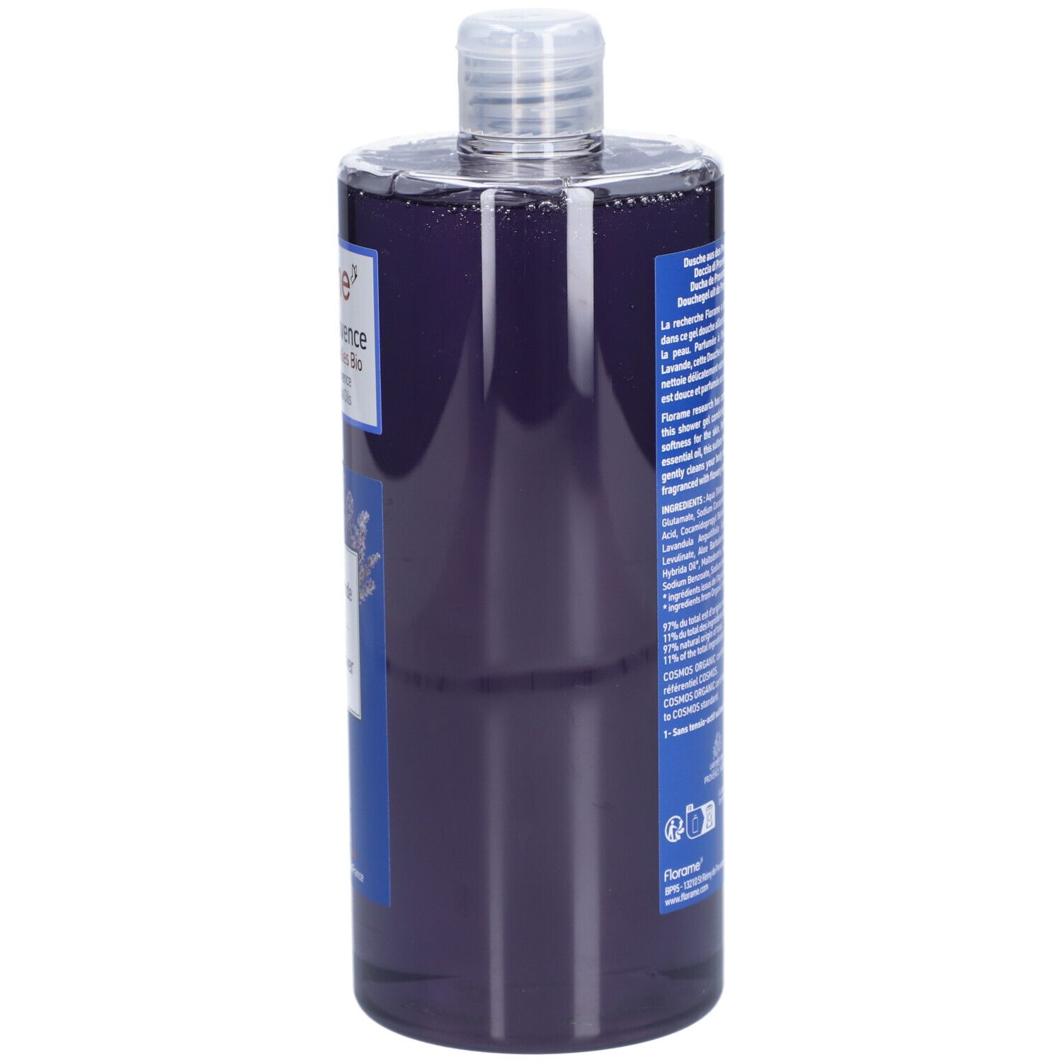 Dos du flacon avec liquide violet. Étiquette avec informations produit et certification bio.