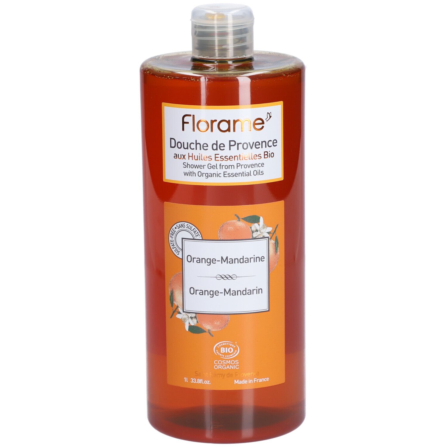 Flacon brun avec étiquette orange. Texte: Florame, Douche de Provence, Orange-Mandarine, certification bio.