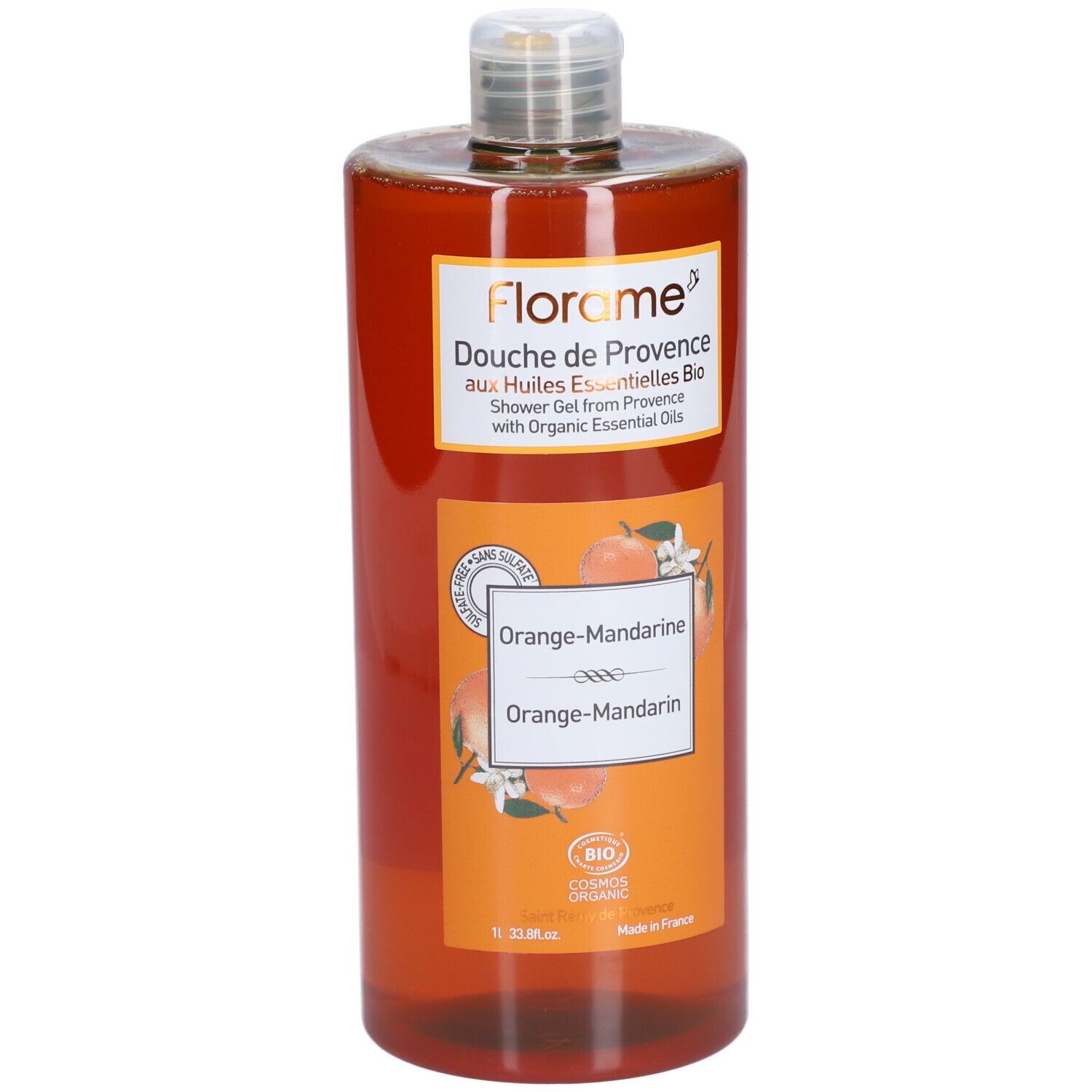 Flacon brun avec étiquette orange. Texte: Florame, Douche de Provence, Orange-Mandarine, certification bio.