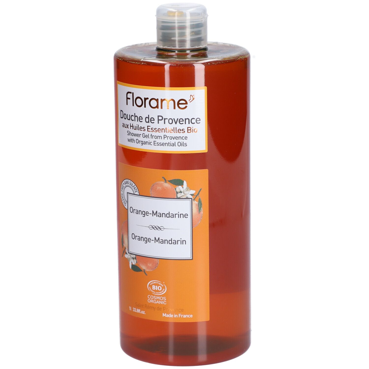 Flacon brun avec étiquette orange. Texte: Florame, Douche de Provence, Orange-Mandarine, certification bio.