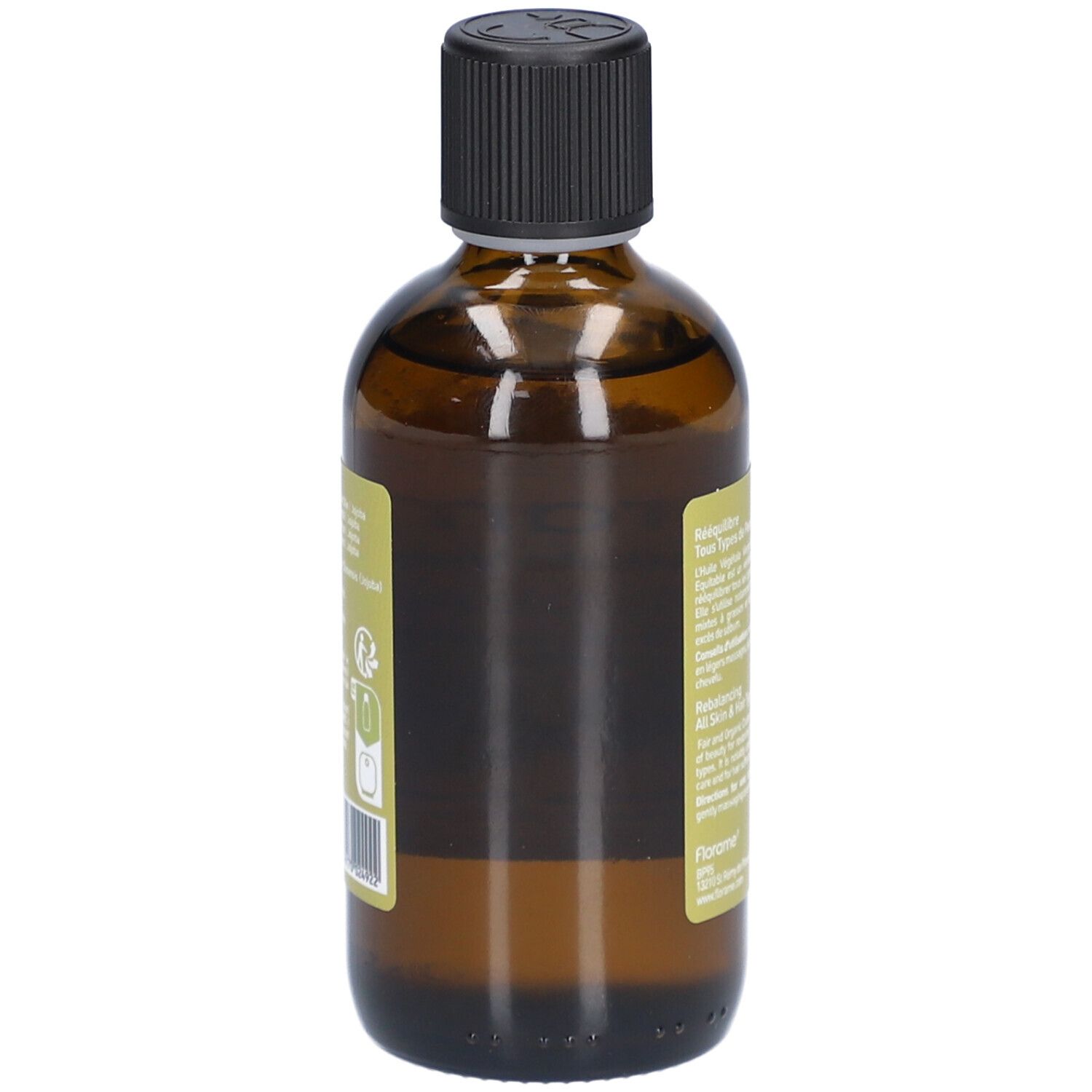 Rückseite einer braunen Glasflasche mit schwarzem Deckel. Etikett mit Text und Logos. Bio-Zertifizierung und Barcode.
