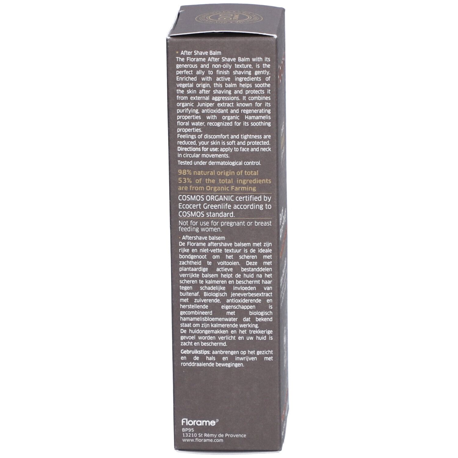 Rückseite der Kartonverpackung mit Produktbeschreibung. Text in Englisch und Niederländisch. Bio-Zertifizierung.