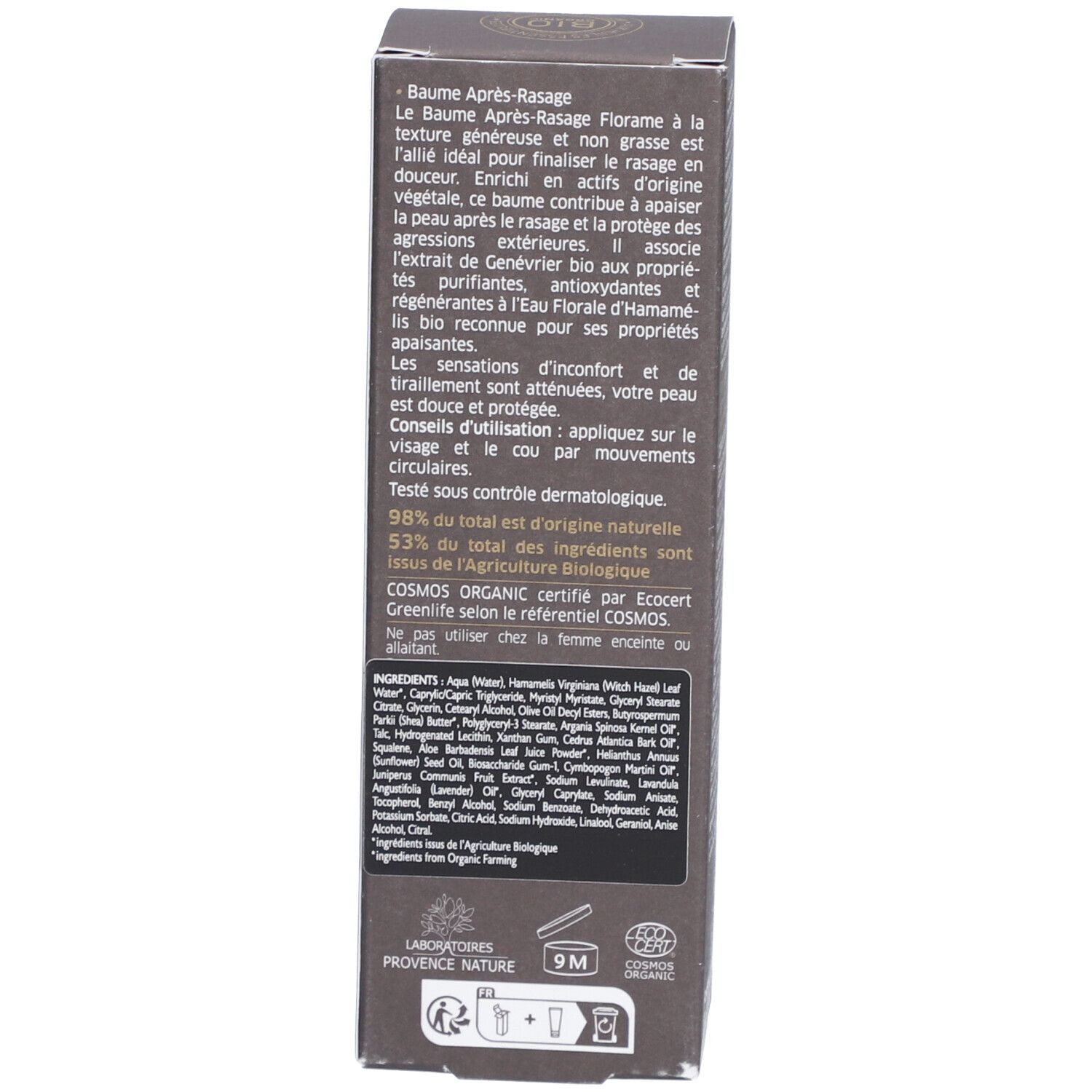 Seite der Kartonverpackung mit Inhaltsstoffen. Text in Französisch. Bio-Zertifizierung.