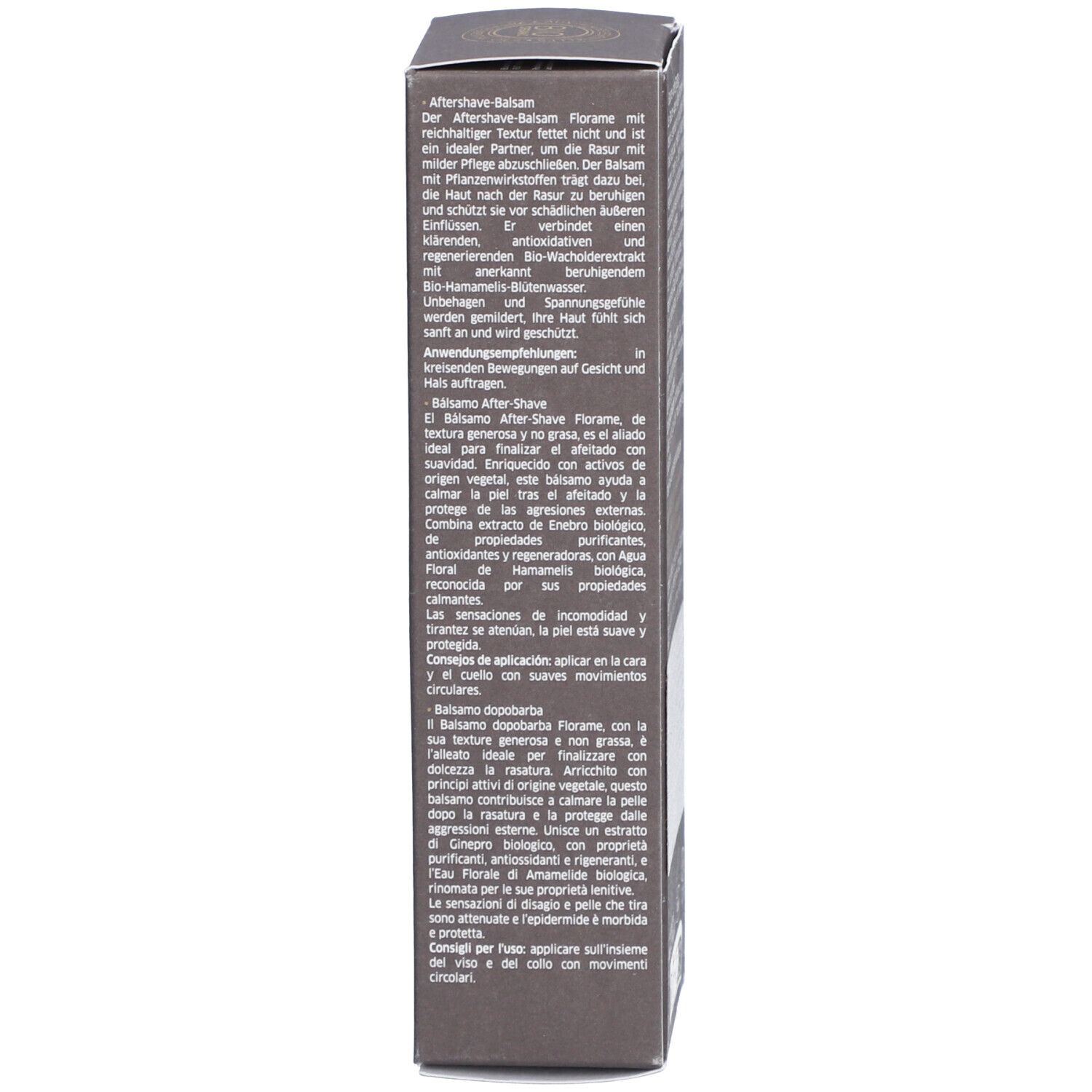 Seite der Kartonverpackung mit Produktbeschreibung. Text in Französisch, Spanisch und Italienisch. Bio-Zertifizierung.