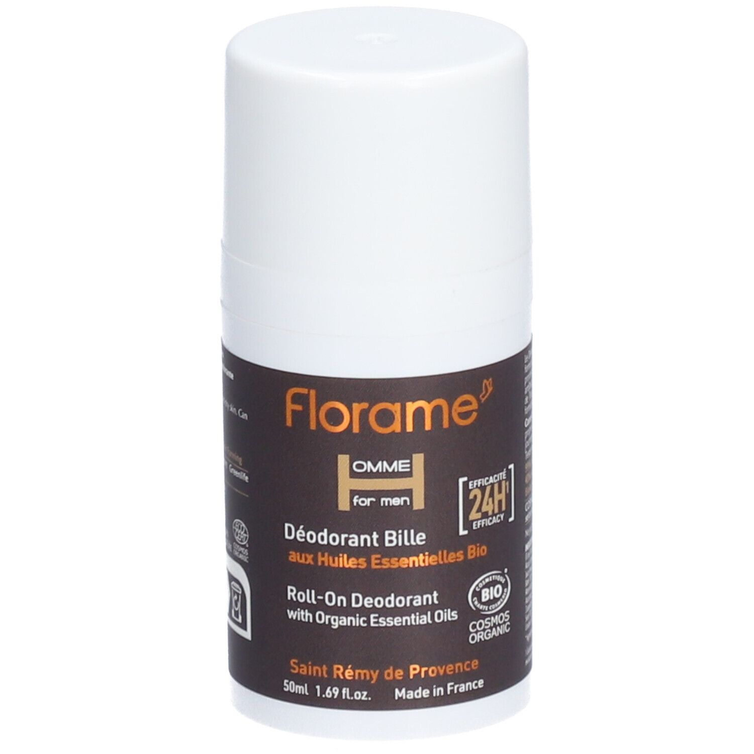 Flacon de déodorant roll-on blanc avec étiquette marron. Inscription : Florame HOMME, Déodorant Bille, 24H, certification Bio.