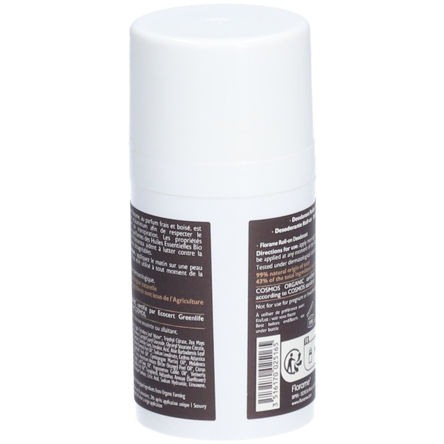 Dos du flacon de déodorant roll-on blanc avec étiquette marron. Texte : ingrédients, mode d'emploi, certification Bio.