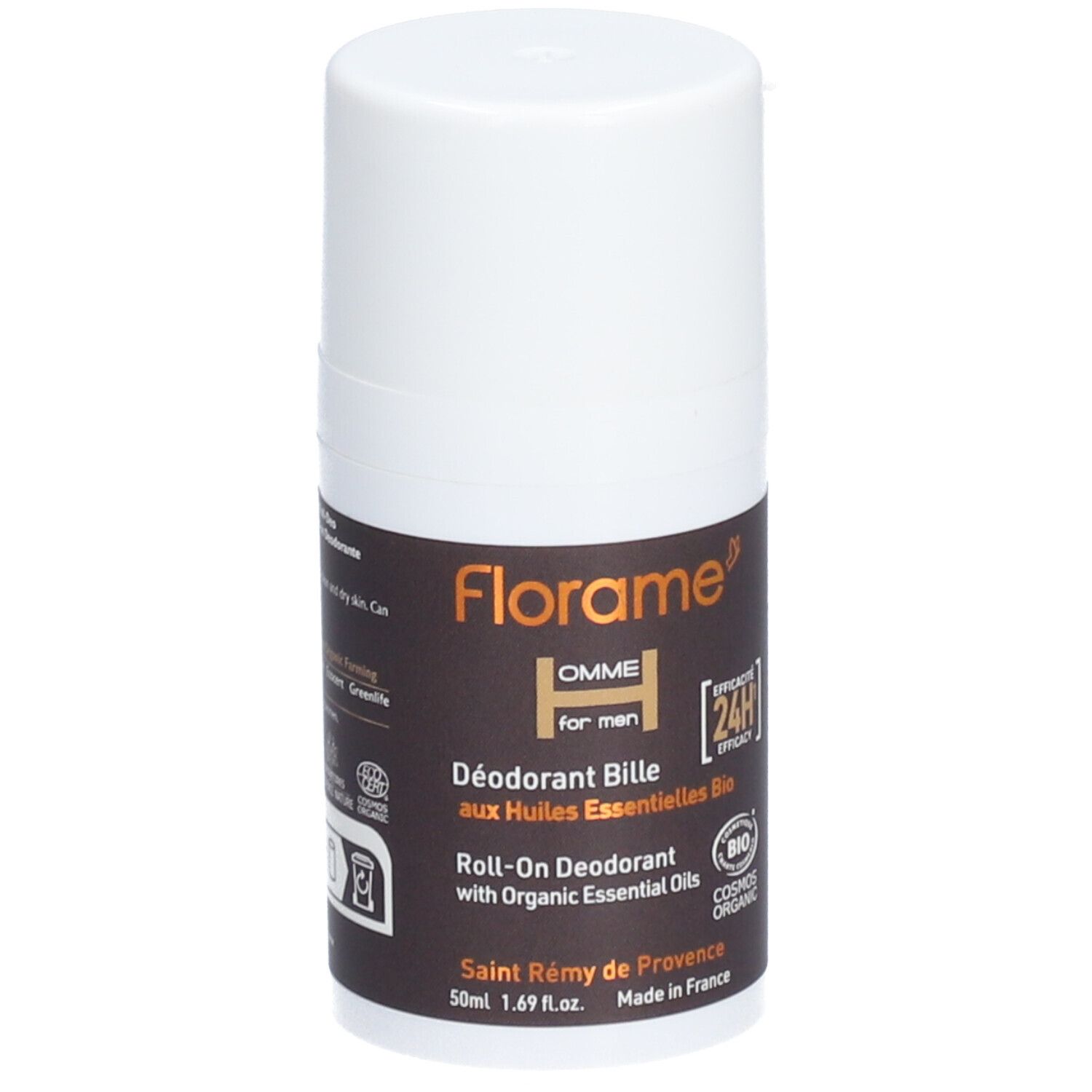 Flacon de déodorant roll-on blanc avec étiquette marron. Inscription : Florame HOMME, Déodorant Bille, 24H, certification Bio.