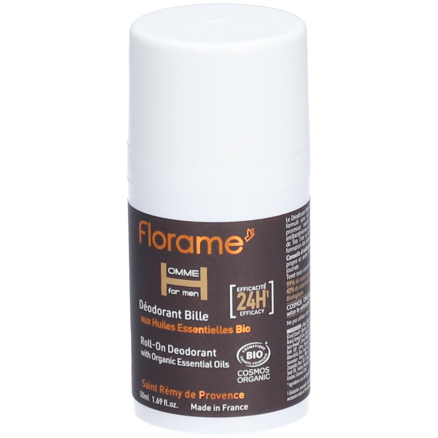 Flacon de déodorant roll-on blanc avec étiquette marron. Inscription : Florame HOMME, Déodorant Bille, 24H, certification Bio.