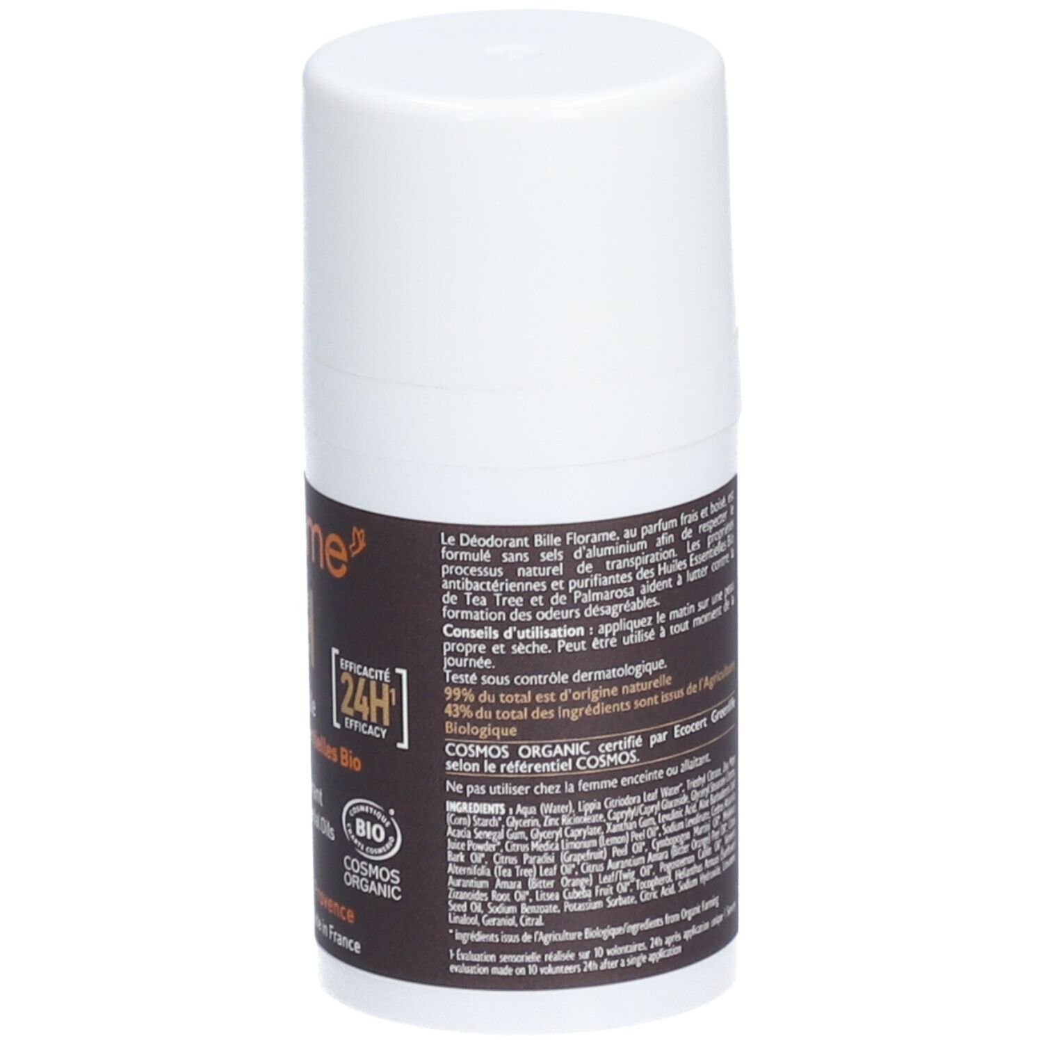 Dos du flacon de déodorant roll-on blanc avec étiquette marron. Texte : ingrédients, mode d'emploi, certification Bio.