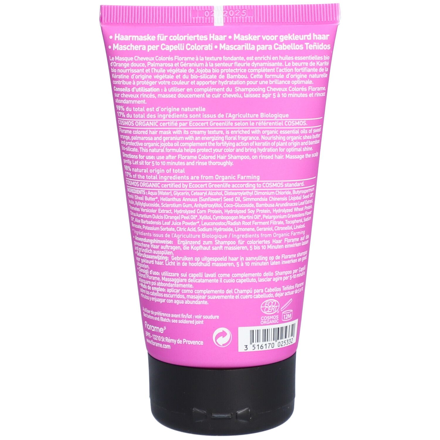Rückseite der Florame Haarmaske für coloriertes Haar, mit Inhaltsstoffen und Bio-Siegel.