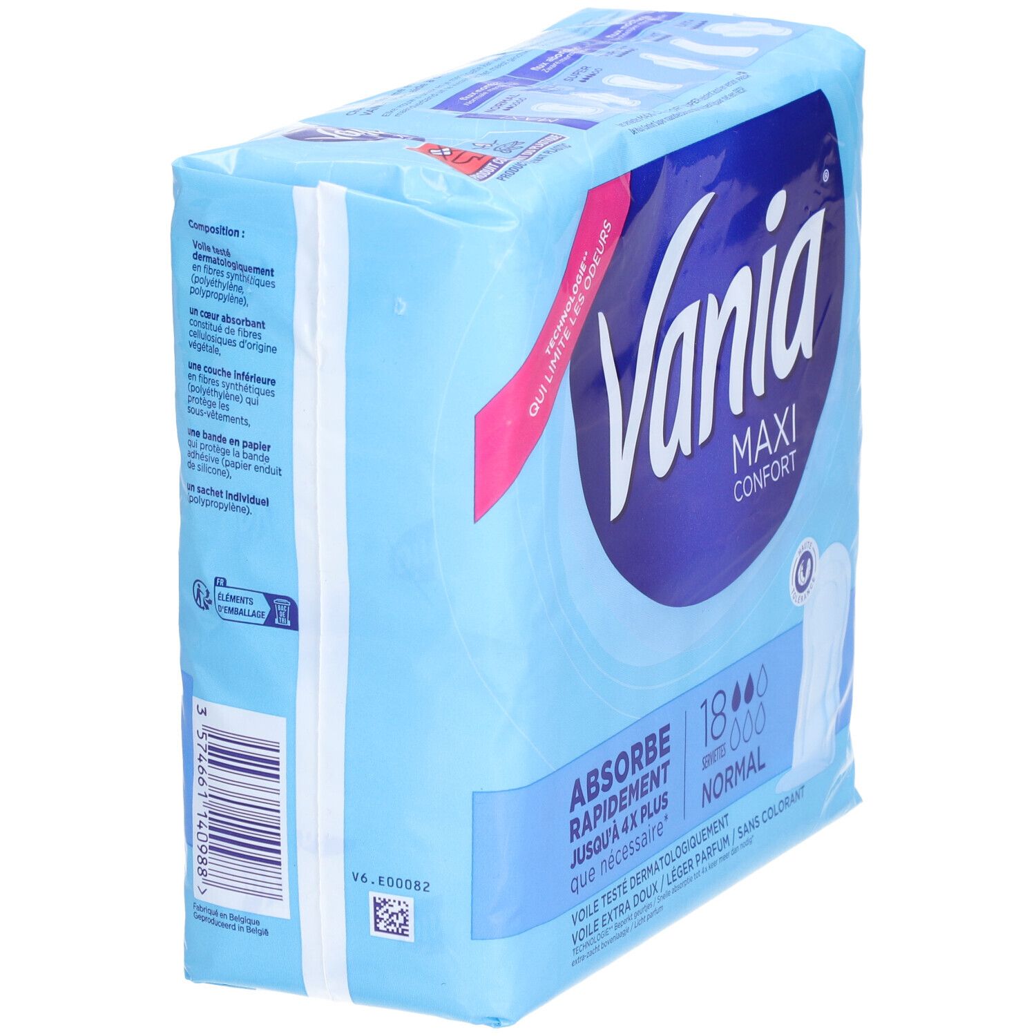 Emballage Vania Maxi Confort. Emballage bleu avec nom et caractéristiques. Vue latérale.