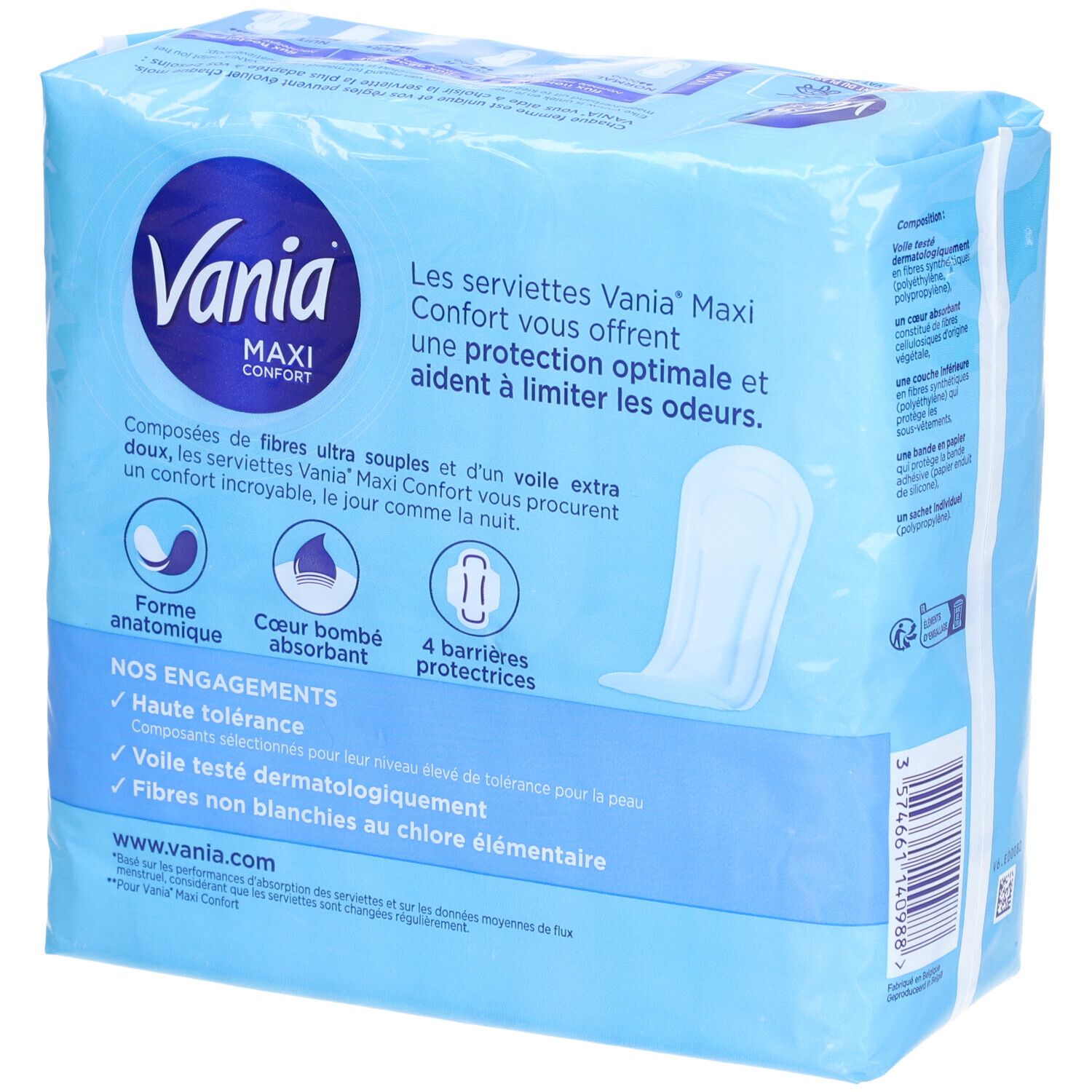 Paquet Vania Maxi Confort. Emballage bleu avec informations et illustrations. Vue arrière.