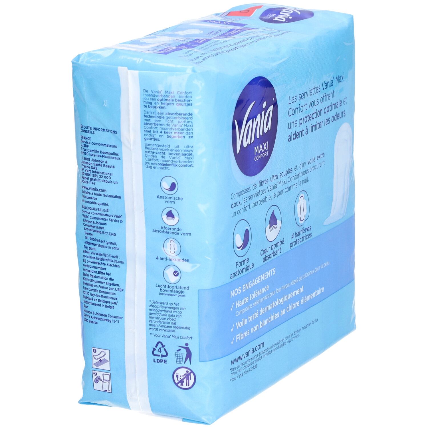 Paquet Vania Maxi Confort. Emballage bleu avec informations produit. Vue arrière.