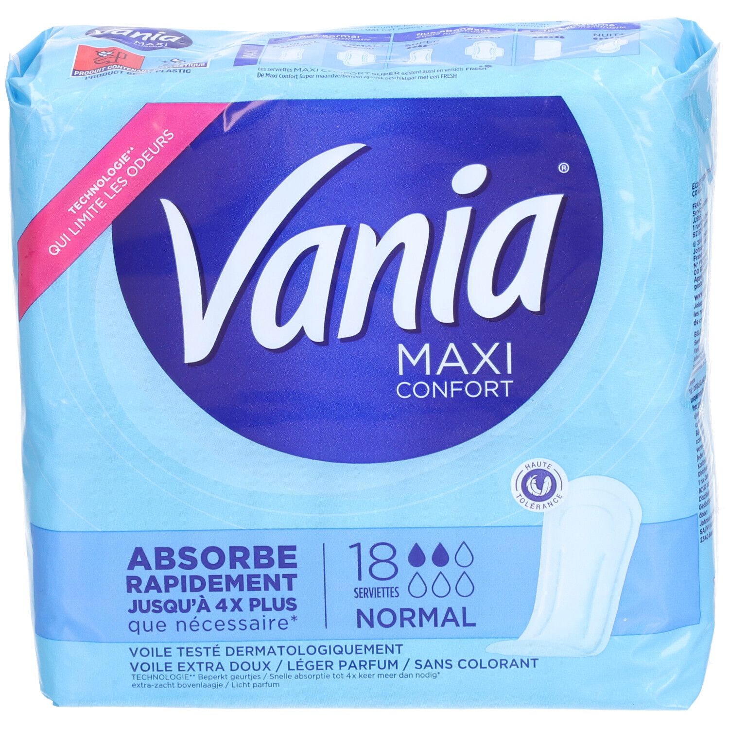 Paquet de serviettes Vania Maxi Confort. 18 serviettes Normal. Emballage bleu avec nom et caractéristiques.