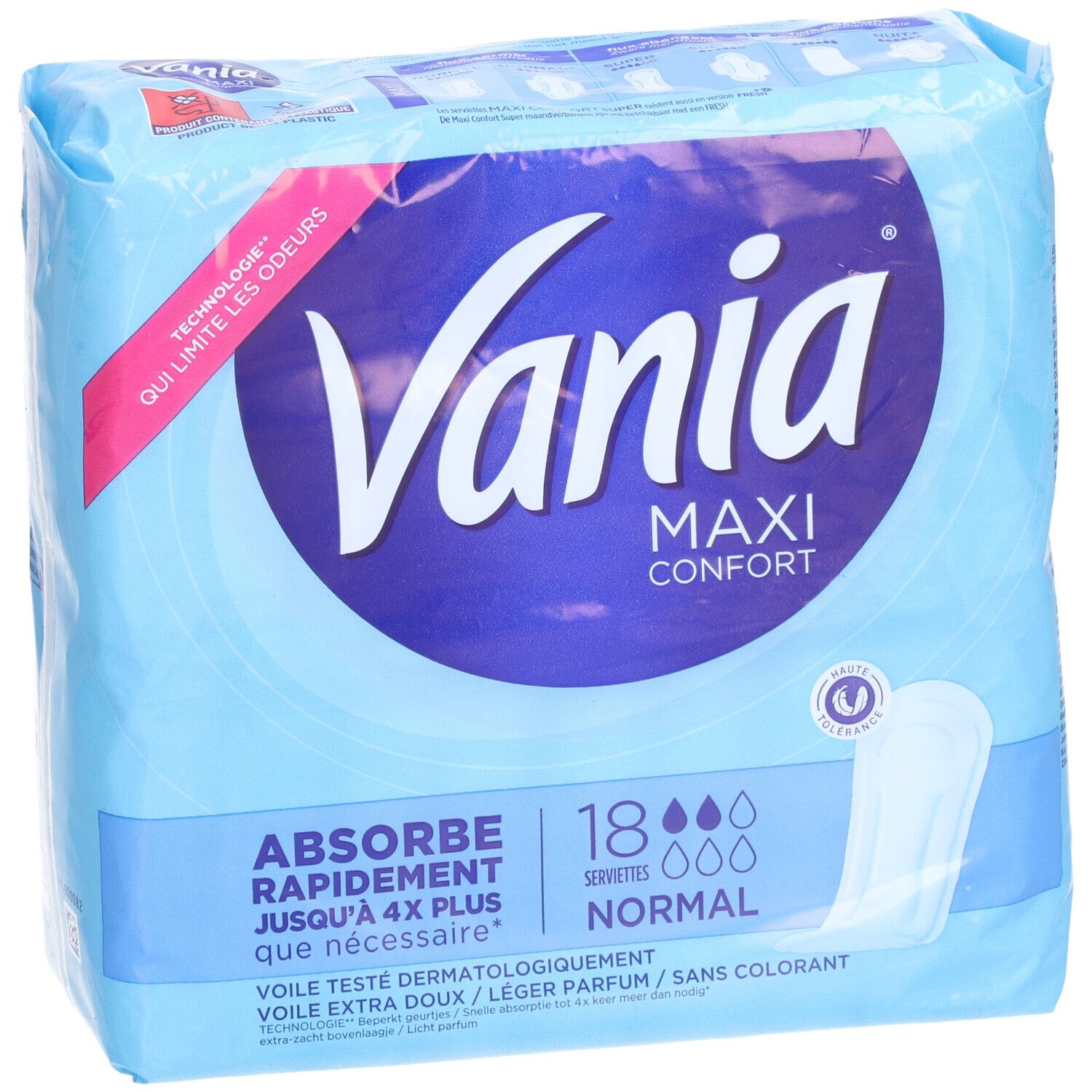 Paquet de serviettes Vania Maxi Confort. 18 serviettes Normal. Emballage bleu avec nom et caractéristiques.