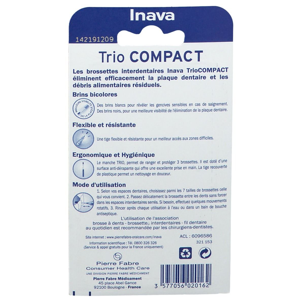 Dos de l'emballage avec texte. Nom du produit: Trio COMPACT. Informations sur les brossettes interdentaires et leur utilisation.