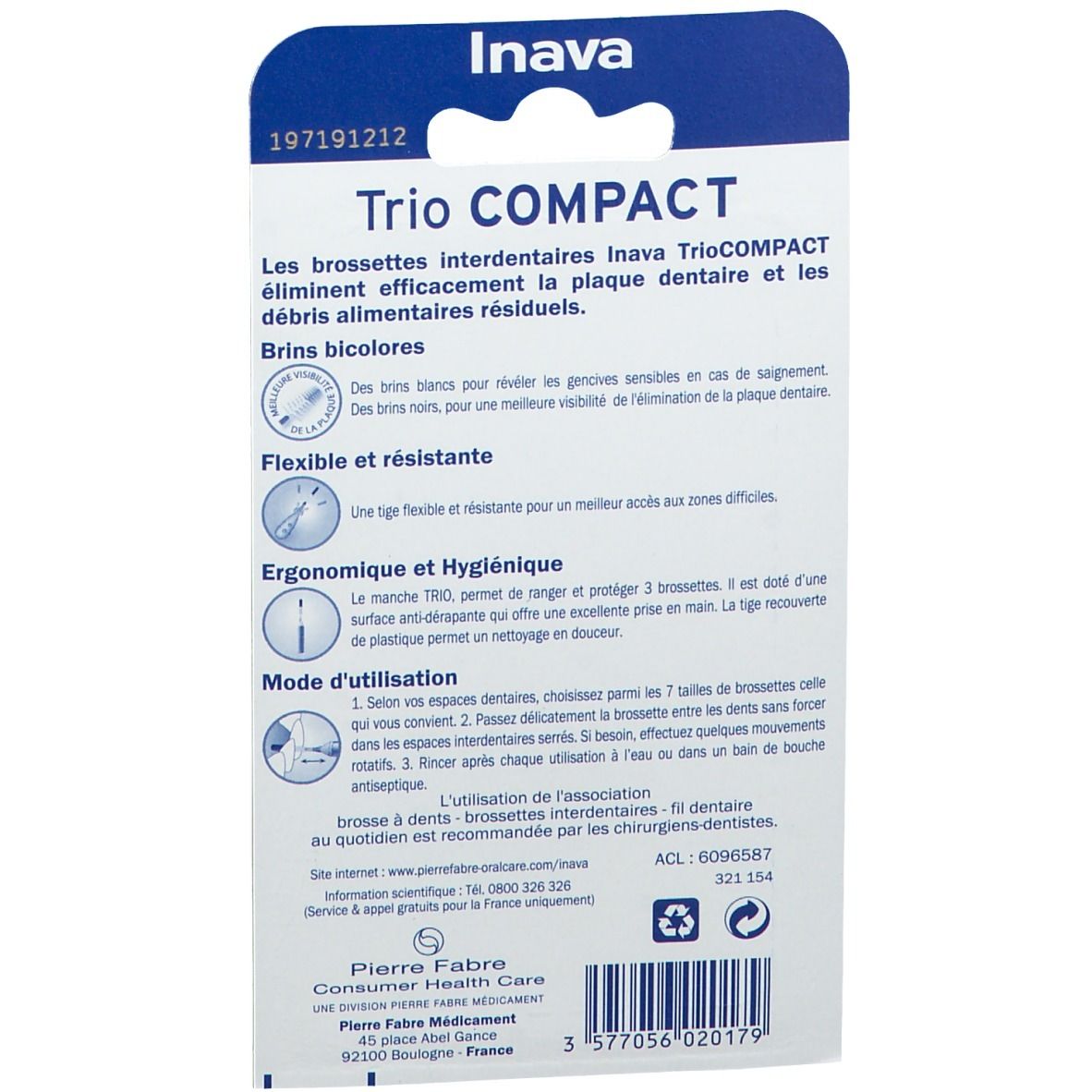 Dos de l'emballage. Brossettes interdentaires Inava Trio COMPACT. Texte: Brins bicolores, Flexible et résistante, Ergonomique et Hygiénique.