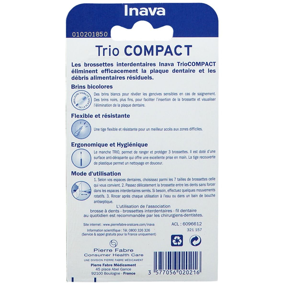 Emballage Inava Trio Compact. Texte : Trio COMPACT, description du produit, mode d'emploi, informations fabricant.