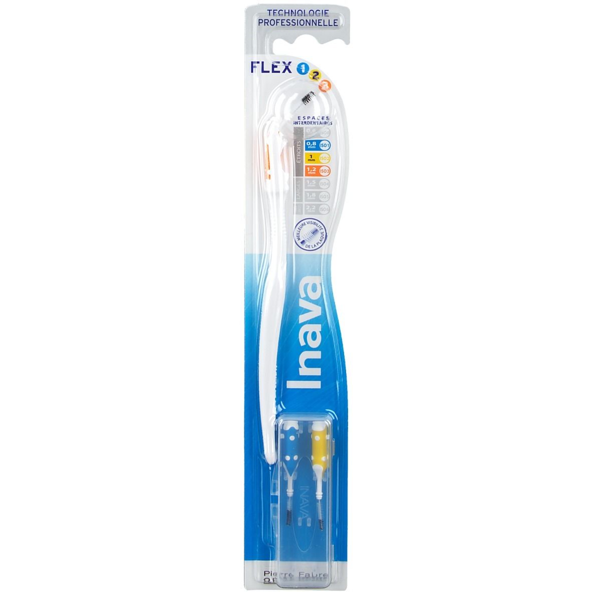Brosse à dents Inava FLEX 1 2 3 en emballage blister. Manche blanc, brins transparents. Nom du produit et logos.