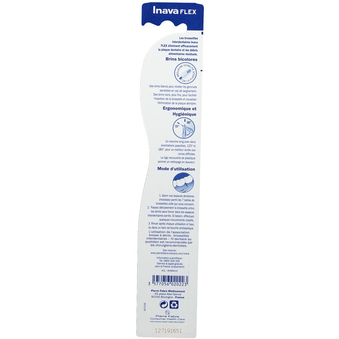 Dos de l'emballage blister. Texte et logos. Nom du produit Inava FLEX. Ergonomique et hygiénique.