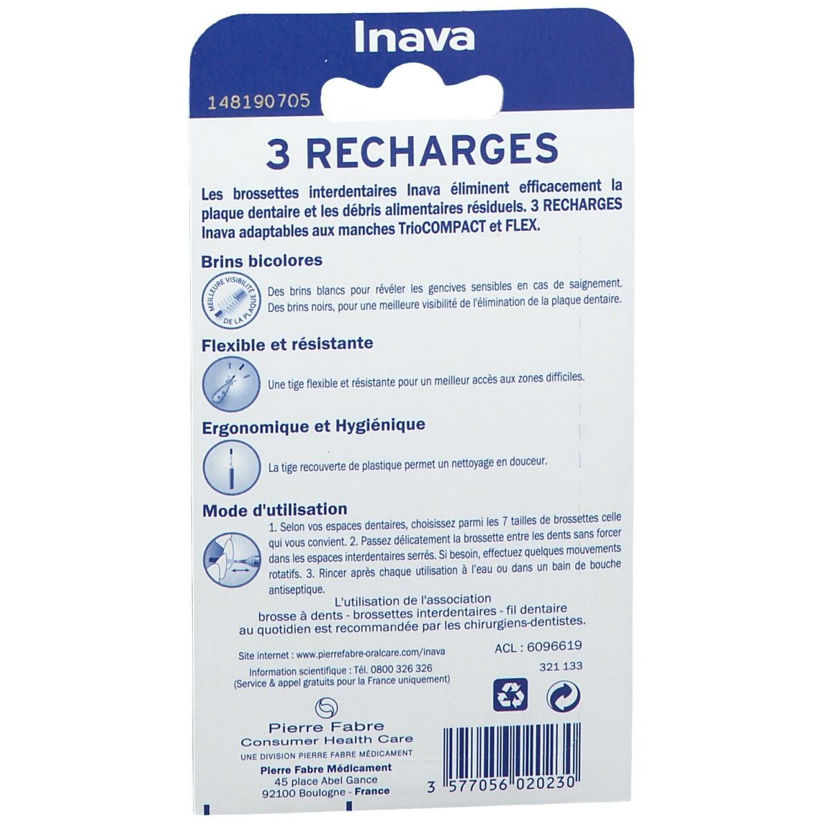 Dos de paquet de brossettes interdentaires Inava. Texte: 3 RECHARGES. Brins bicolores, tige flexible et résistante.