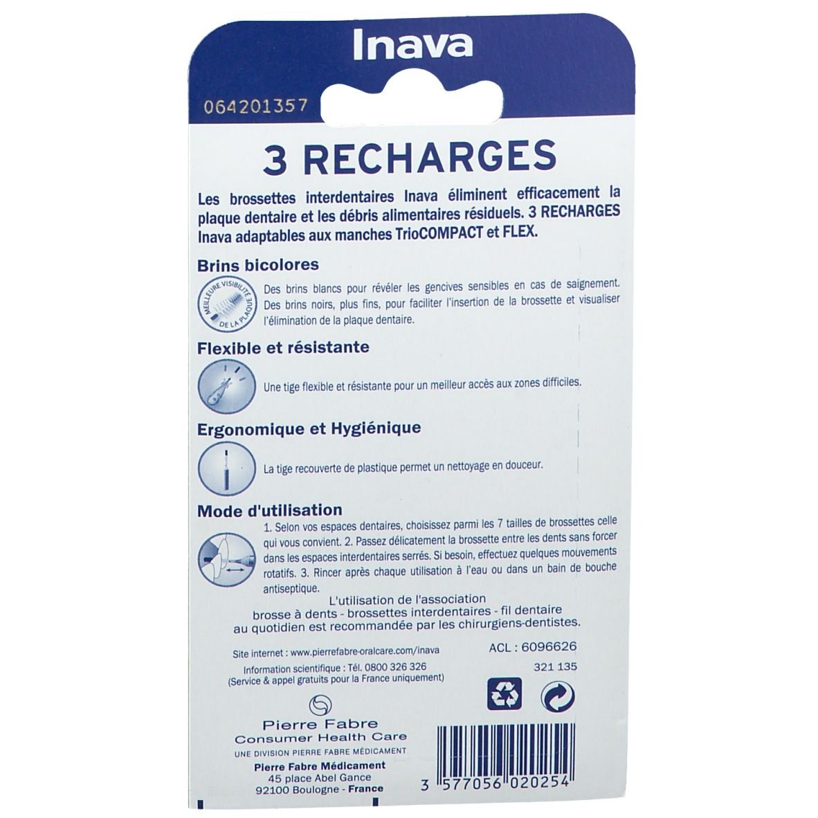 Dos de paquet de 3 recharges Inava TrioCOMPACT Interdentalbürsten S 1 mm. Informations produit, instructions d'utilisation.