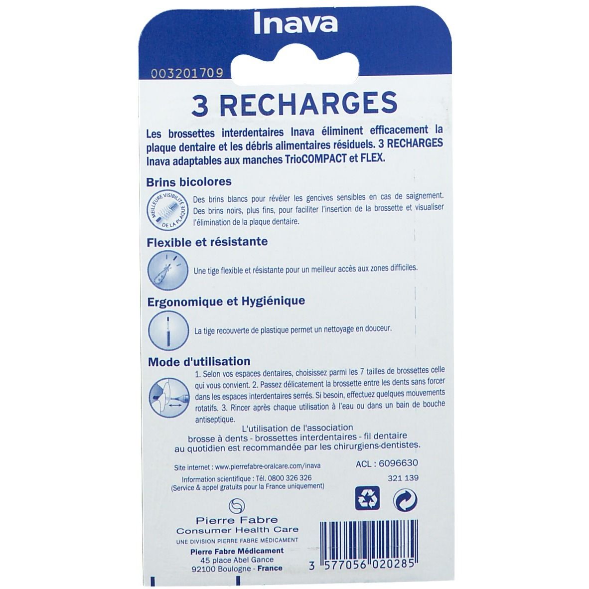 Dos du paquet avec informations produit. Texte en français. Contient instructions et coordonnées fabricant.