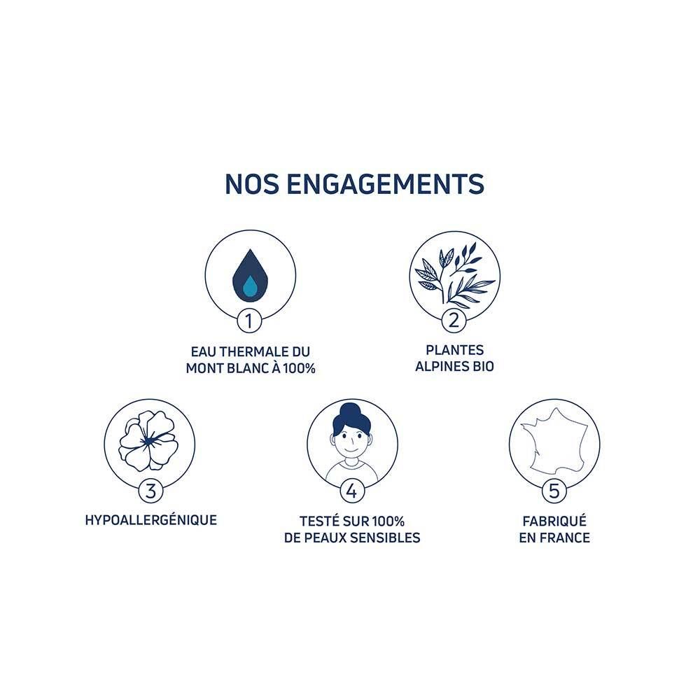 Grafik mit Logos. 1. Thermalwasser. 2. Bio-Alpenpflanzen. 3. Hypoallergen. 4. Getestet für empfindliche Haut. 5. Hergestellt in Frankreich.