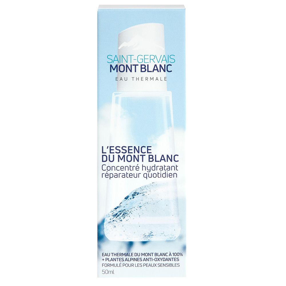 Produktverpackung mit Flasche. Weiß-blaue Verpackung. Text: L'Essence du Mont Blanc. Wasser-Illustration.