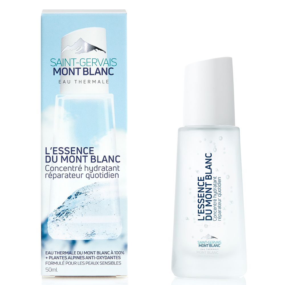 Produkt und Verpackung nebeneinander. Flasche und Schachtel. Text: L'Essence du Mont Blanc. Wasser-Illustration.