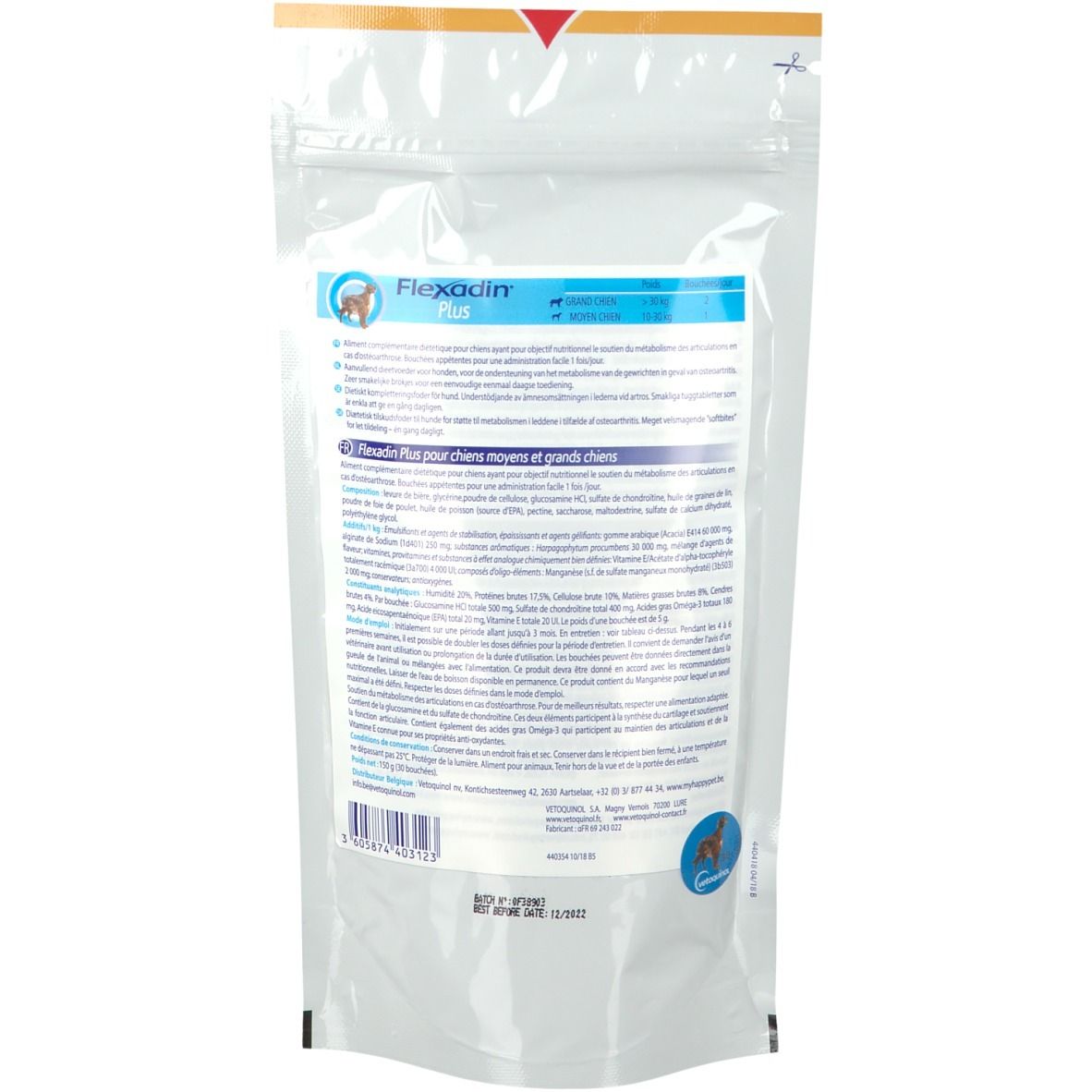Rückseite der Flexadin Plus Verpackung. Text: Flexadin Plus für Hunde. Inhaltsstoffe, Herstellerinformationen.