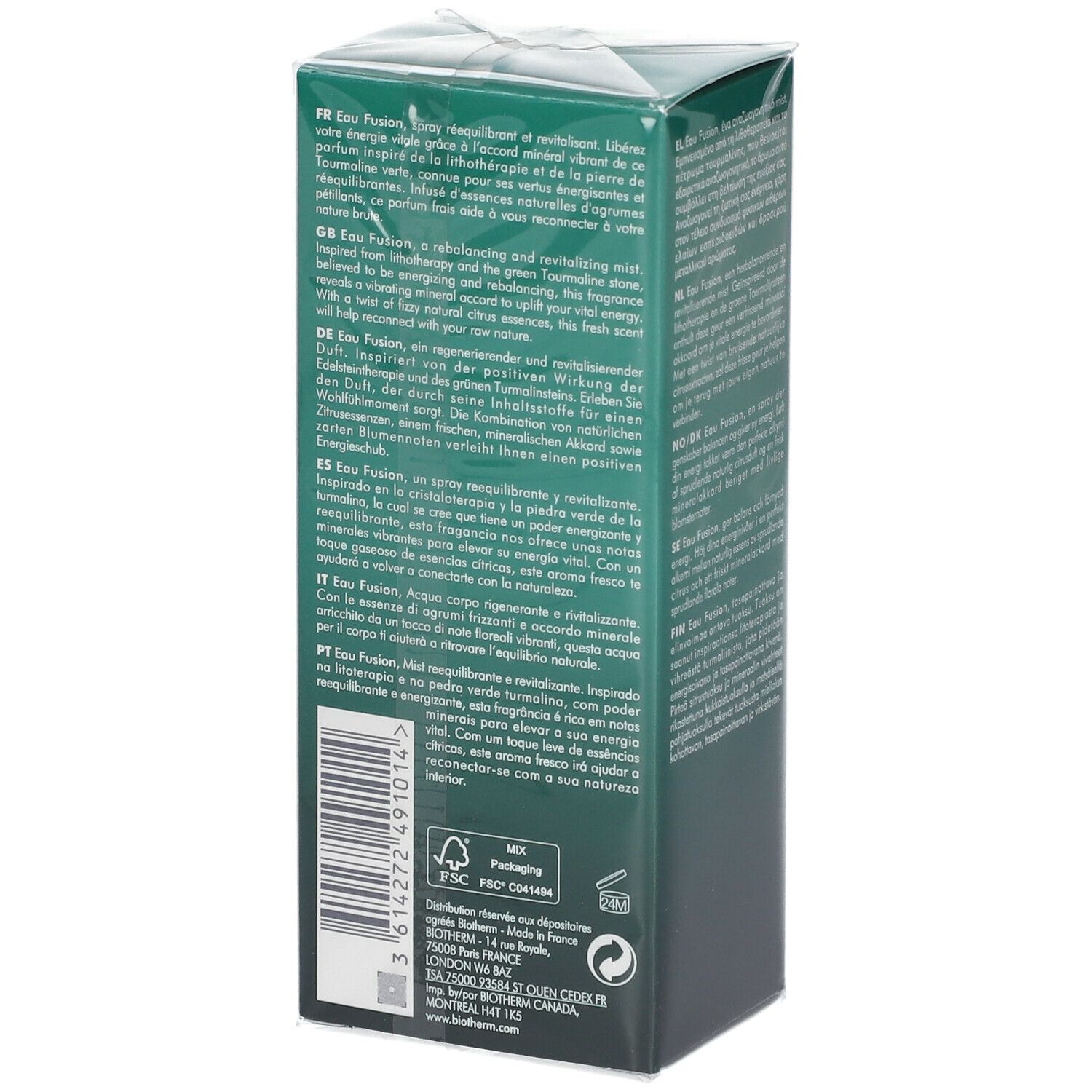 Boîte verte avec textes multilingues. "BIOTHERM Eau Fusion" est visible.