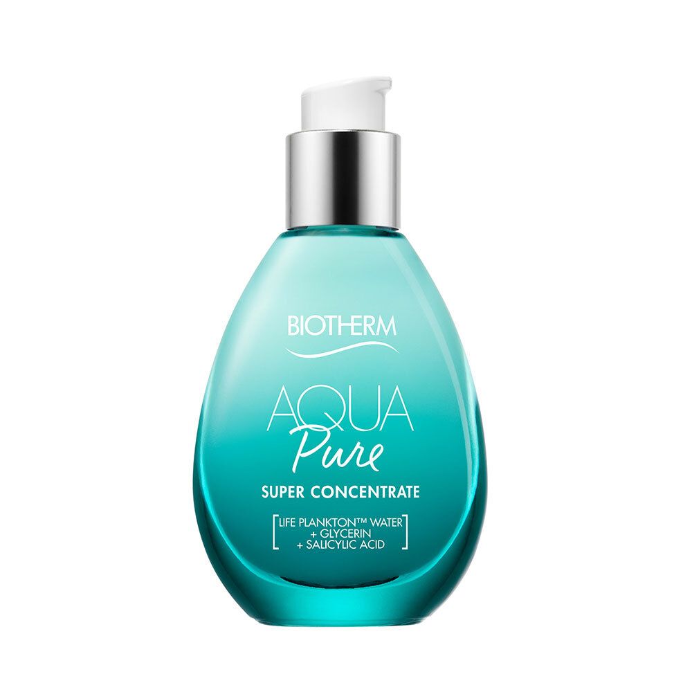 Türkisgrüne Flasche mit Pumpe. Aufschrift: Biotherm Aqua Pure Super Concentrate. Enthält Life Plankton Water, Glycerin, Salicylsäure.