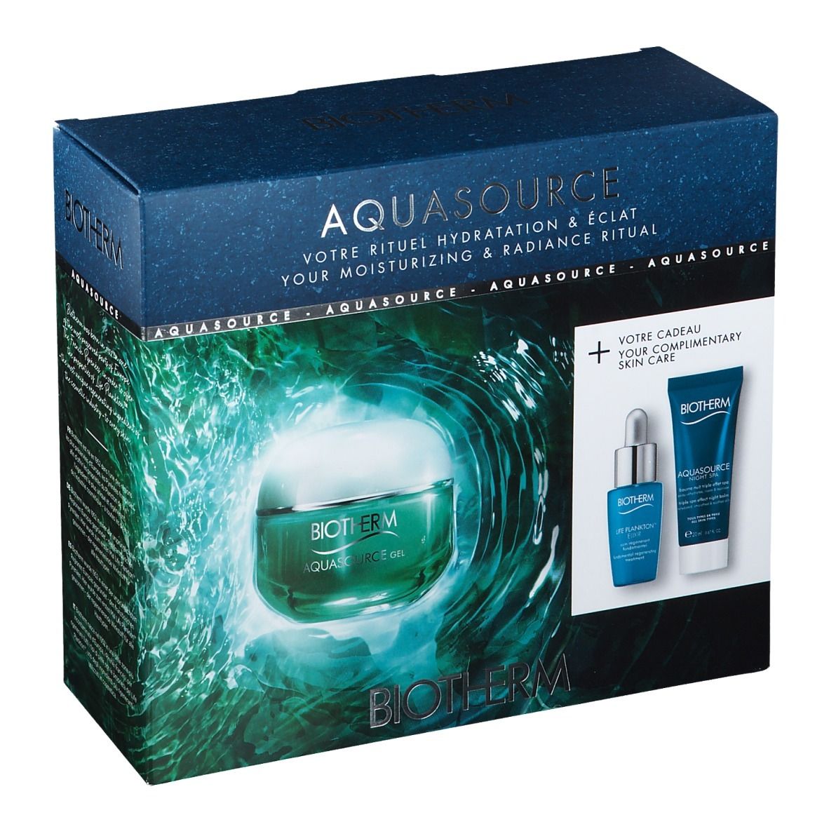 Geschenkset mit BIOTHERM Aquasource Gel. Enthält Creme, Serum und Tube. Blaue Verpackung mit Produktabbildung und Schriftzug.