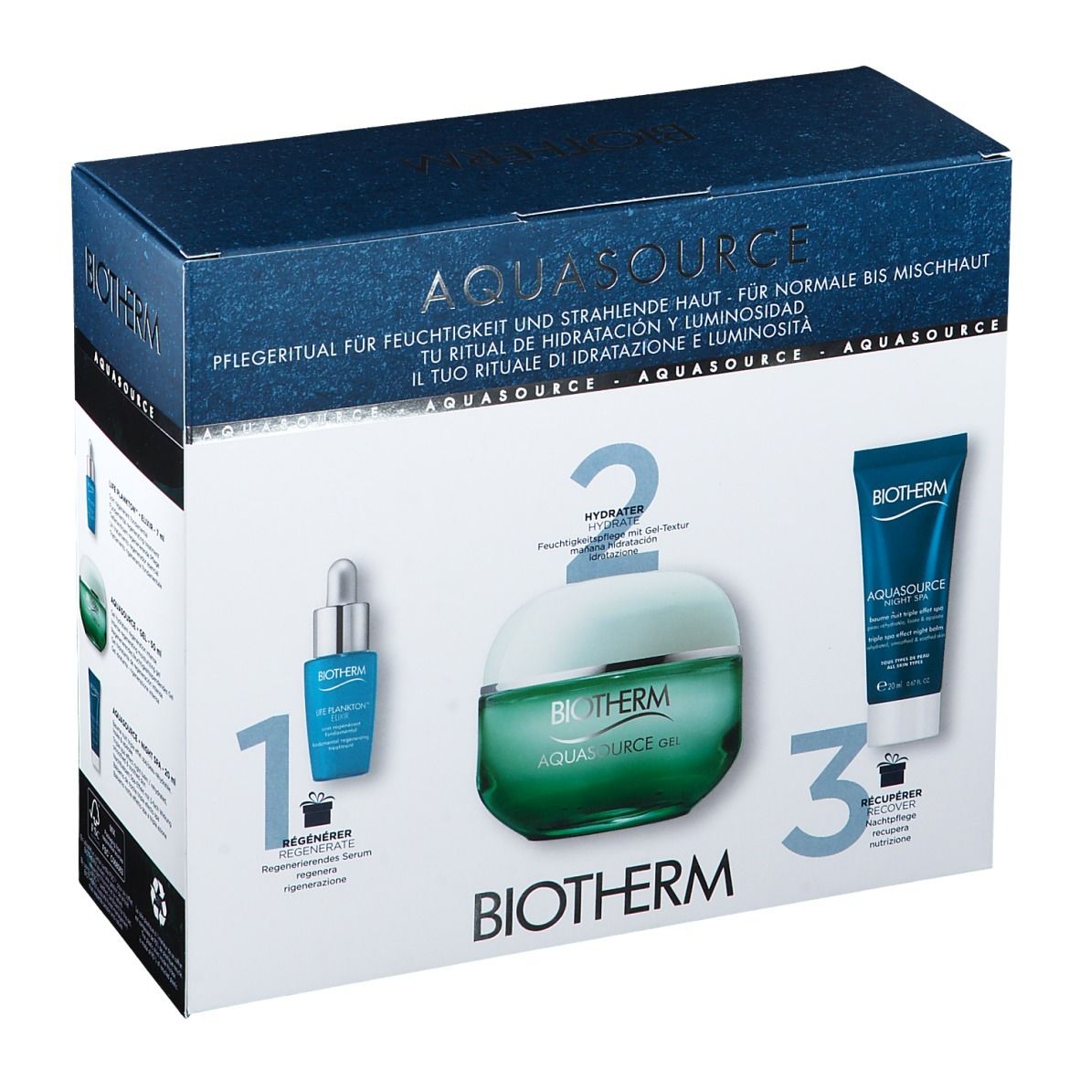 BIOTHERM Aquasource Gel Geschenkset. Enthält Creme, Serum und Tube. Nummerierte Produkte auf blauem Hintergrund. BIOTHERM Logo.