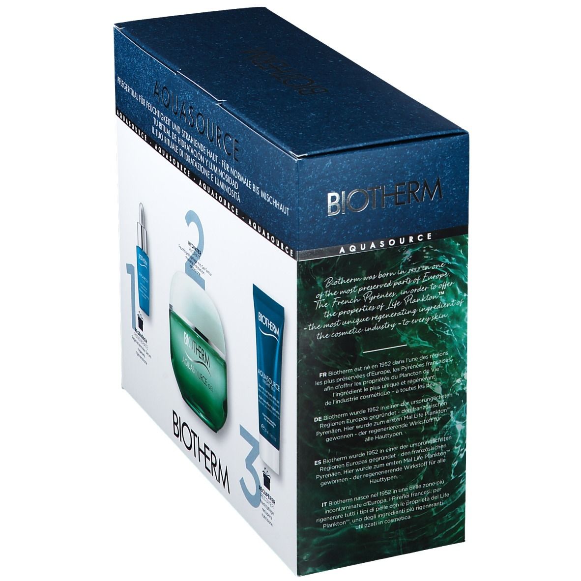 Rückansicht des BIOTHERM Aquasource Gel Geschenksets. Enthält Creme, Serum und Tube. Text in mehreren Sprachen, BIOTHERM Logo.